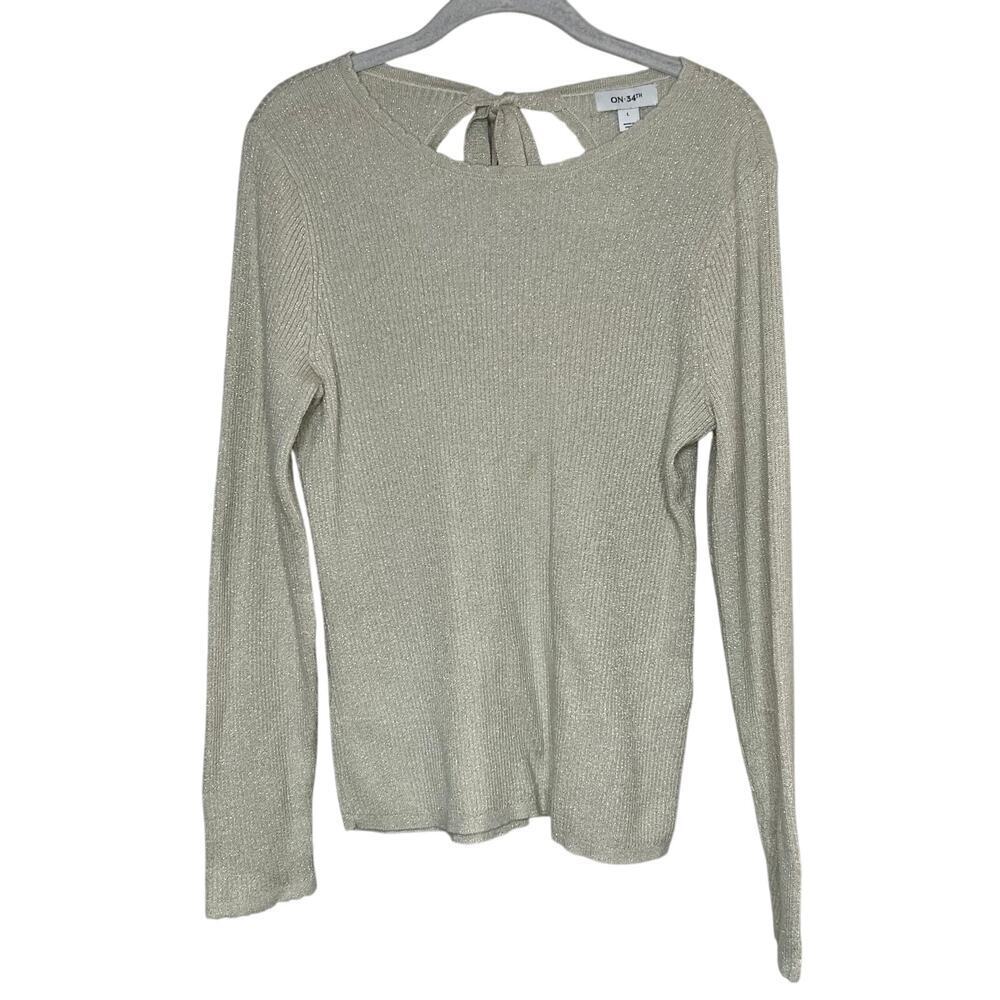 ON 34th Ribbed Sweater Size L Gold Metallic Bow Detail